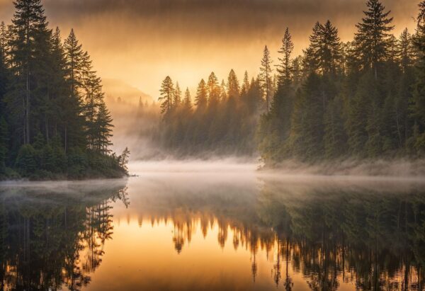 Lac calme entouré de pins au lever du soleil, évoquant la lumière et la paix intérieure retrouvées.